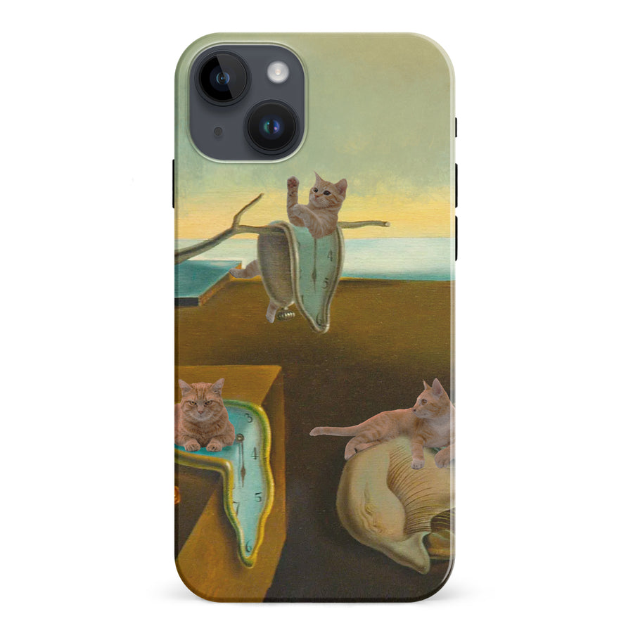 iPhone 15 Plus Surreal Cats on Melting Clocks Artistic Cat Phone Case