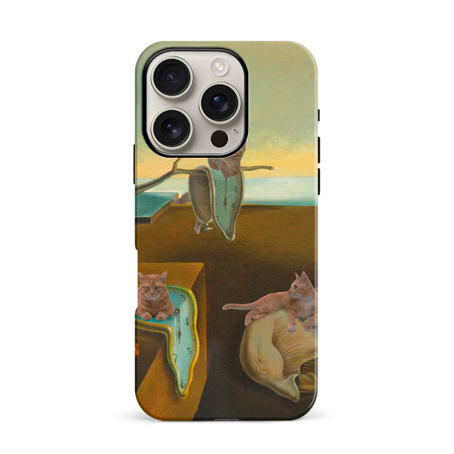 iPhone 16 Pro Surreal Cats on Melting Clocks Artistic Cat Phone Case