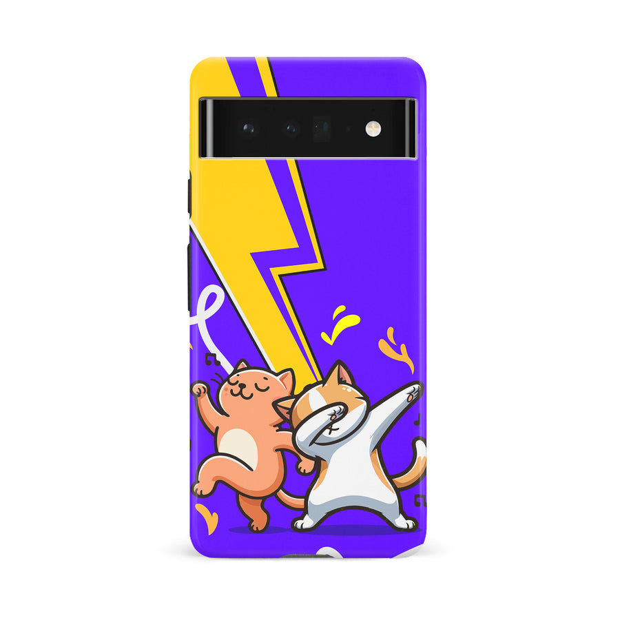 Google Pixel 6A Dabbing Cats on Purple with Lightning Bolt Cat Phone Case