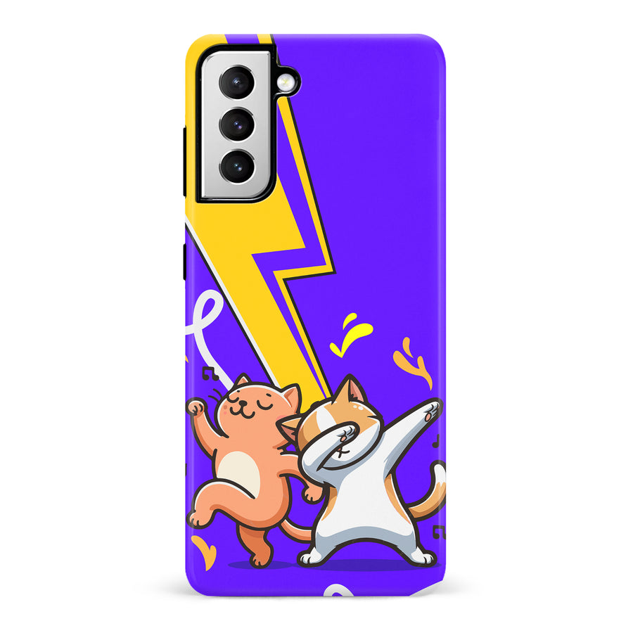 Samsung Galaxy S21 Dabbing Cats on Purple with Lightning Bolt Cat Phone Case