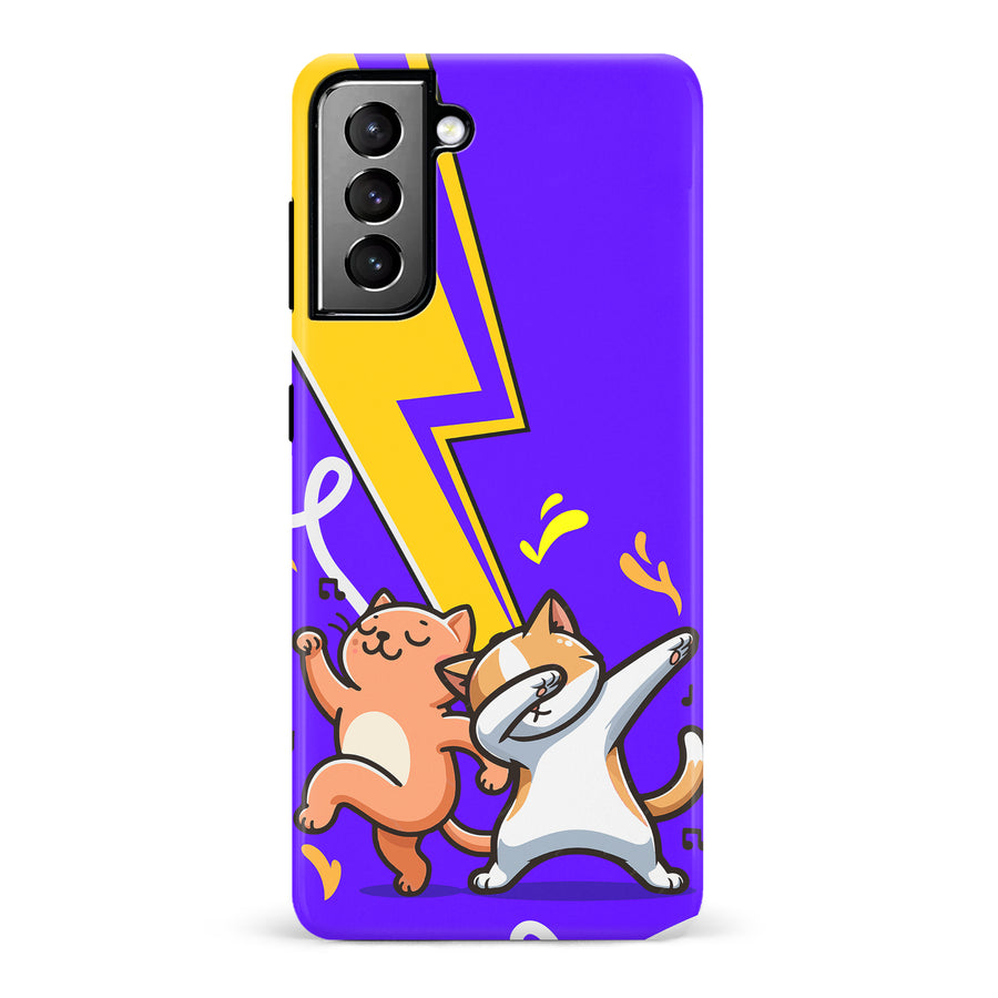 Samsung Galaxy S21 Plus Dabbing Cats on Purple with Lightning Bolt Cat Phone Case