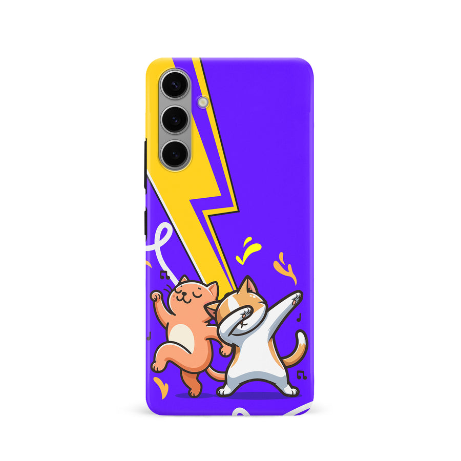 Samsung Galaxy S24 Dabbing Cats on Purple with Lightning Bolt Cat Phone Case