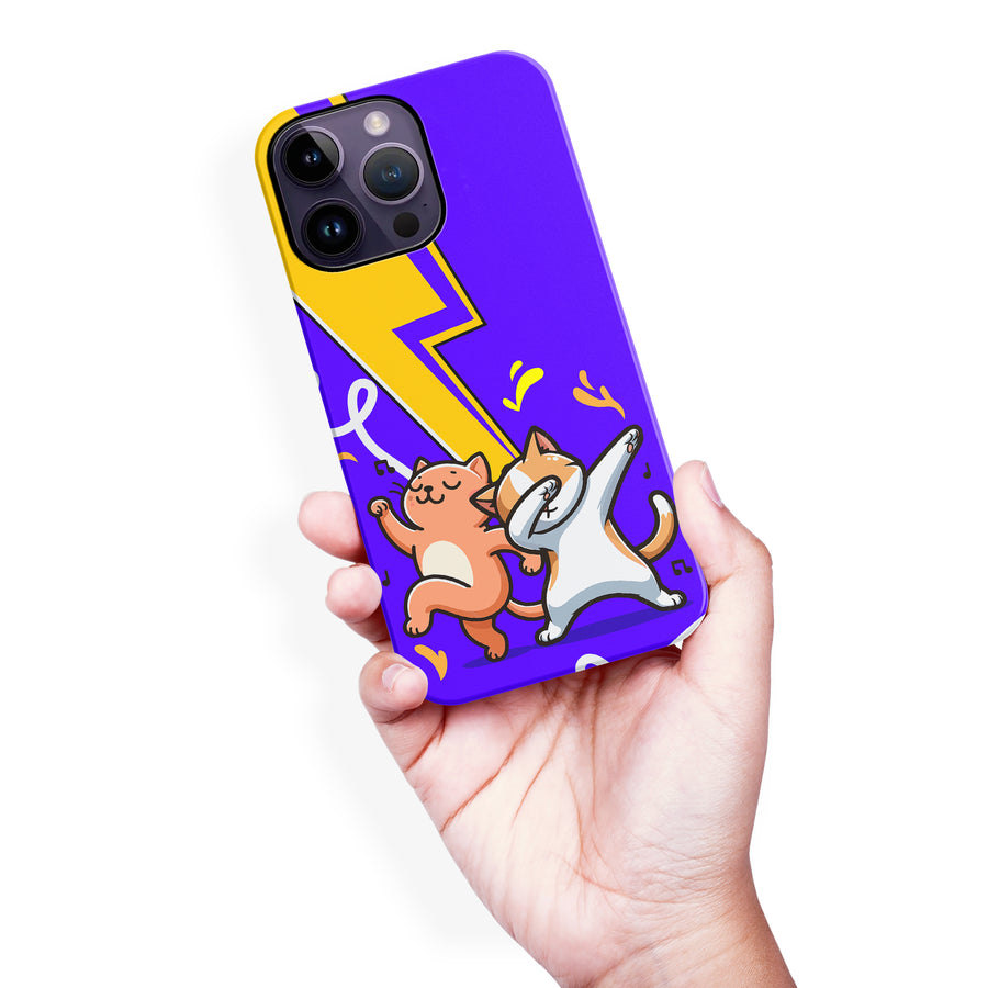 iPhone 14 Pro Max Dabbing Cats on Purple with Lightning Bolt Cat Phone Case