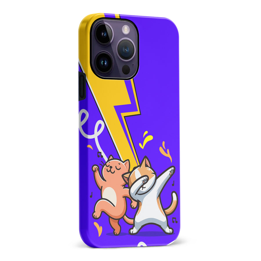 iPhone 14 Pro Max Dabbing Cats on Purple with Lightning Bolt Cat Phone Case