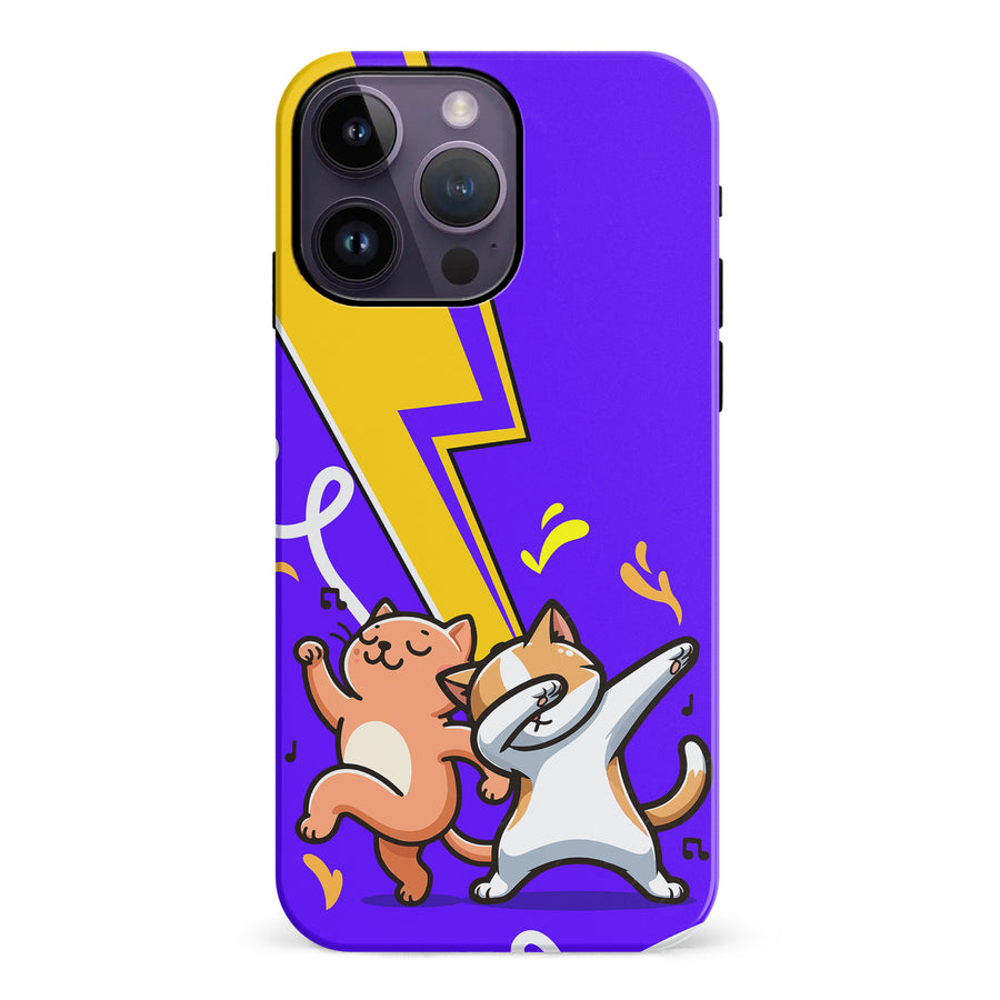 iPhone 14 Pro Max Dabbing Cats on Purple with Lightning Bolt Cat Phone Case