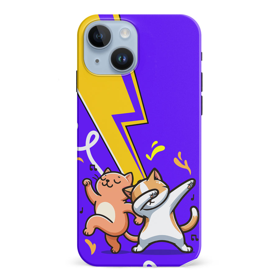 iPhone 15 Dabbing Cats on Purple with Lightning Bolt Cat Phone Case