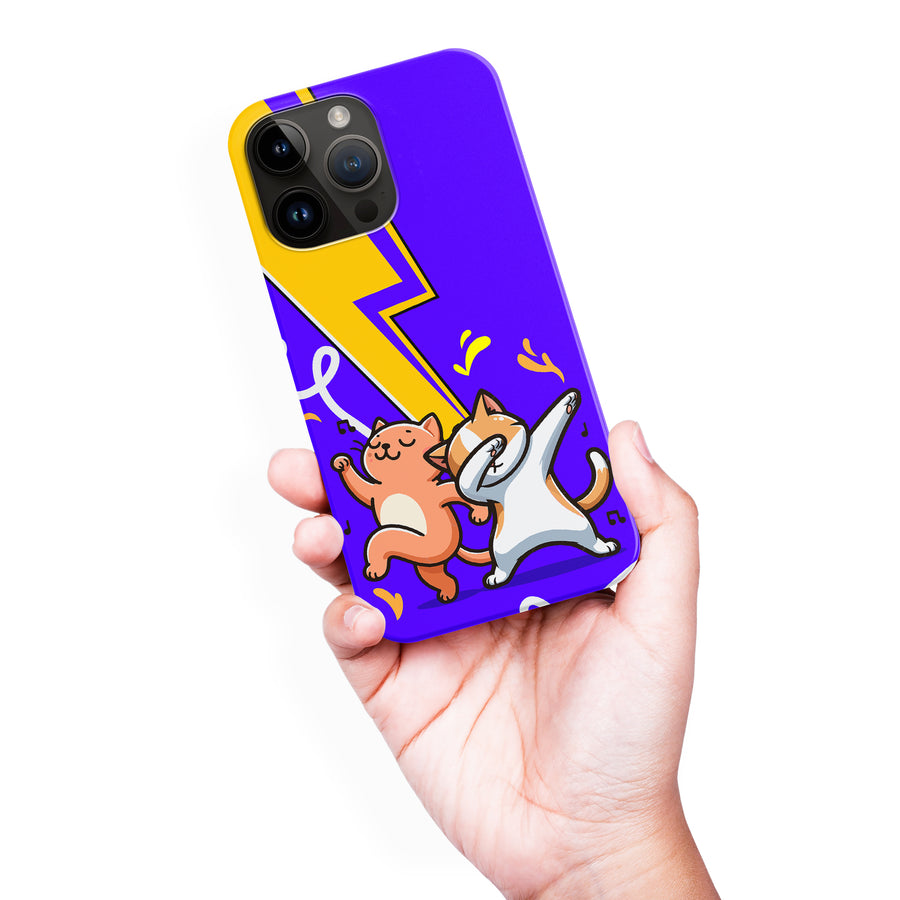 iPhone 15 Pro Max Dabbing Cats on Purple with Lightning Bolt Cat Phone Case