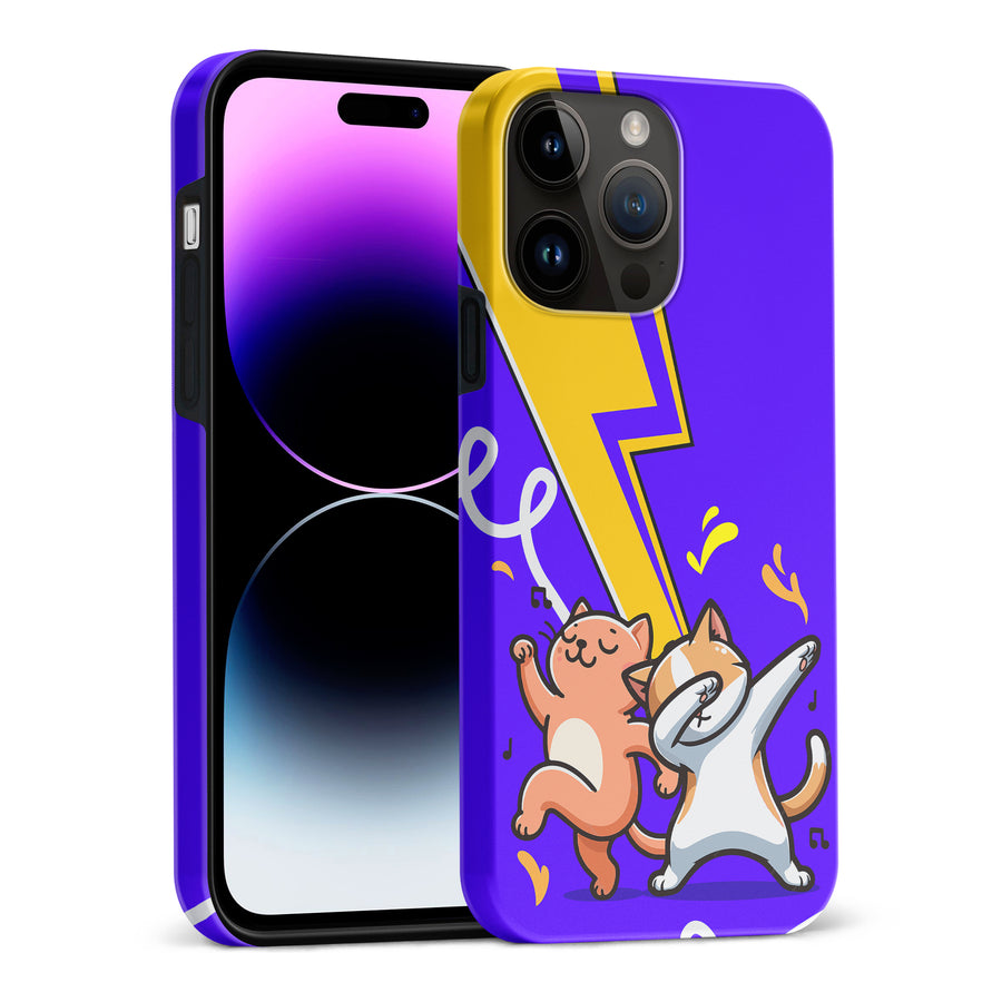 iPhone 15 Pro Max Dabbing Cats on Purple with Lightning Bolt Cat Phone Case