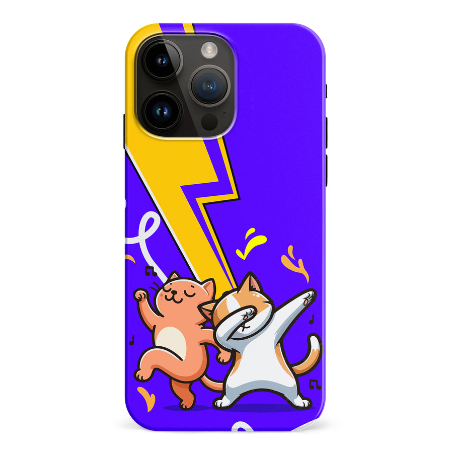 iPhone 15 Pro Max Dabbing Cats on Purple with Lightning Bolt Cat Phone Case