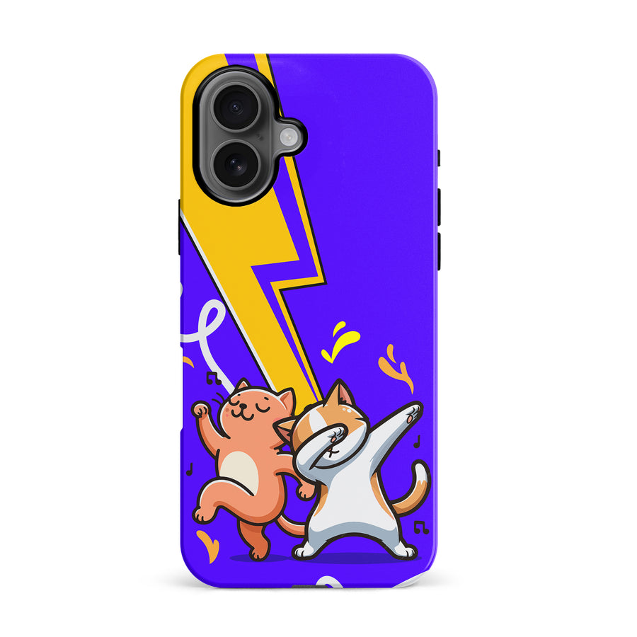 iPhone 16 Dabbing Cats on Purple with Lightning Bolt Cat Phone Case