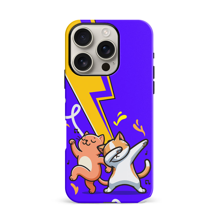 iPhone 16 Pro Dabbing Cats on Purple with Lightning Bolt Cat Phone Case