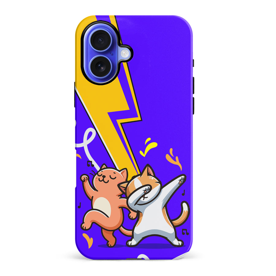 iPhone 16 Plus Dabbing Cats on Purple with Lightning Bolt Cat Phone Case