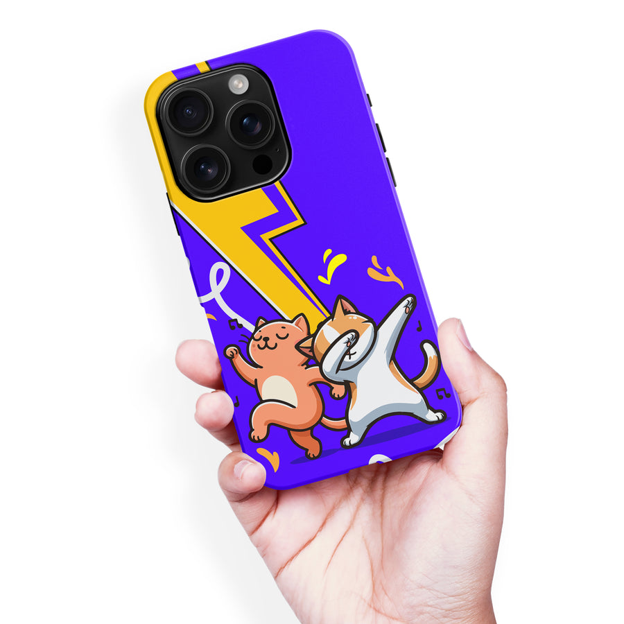 iPhone 16 Pro Max Dabbing Cats on Purple with Lightning Bolt Cat Phone Case