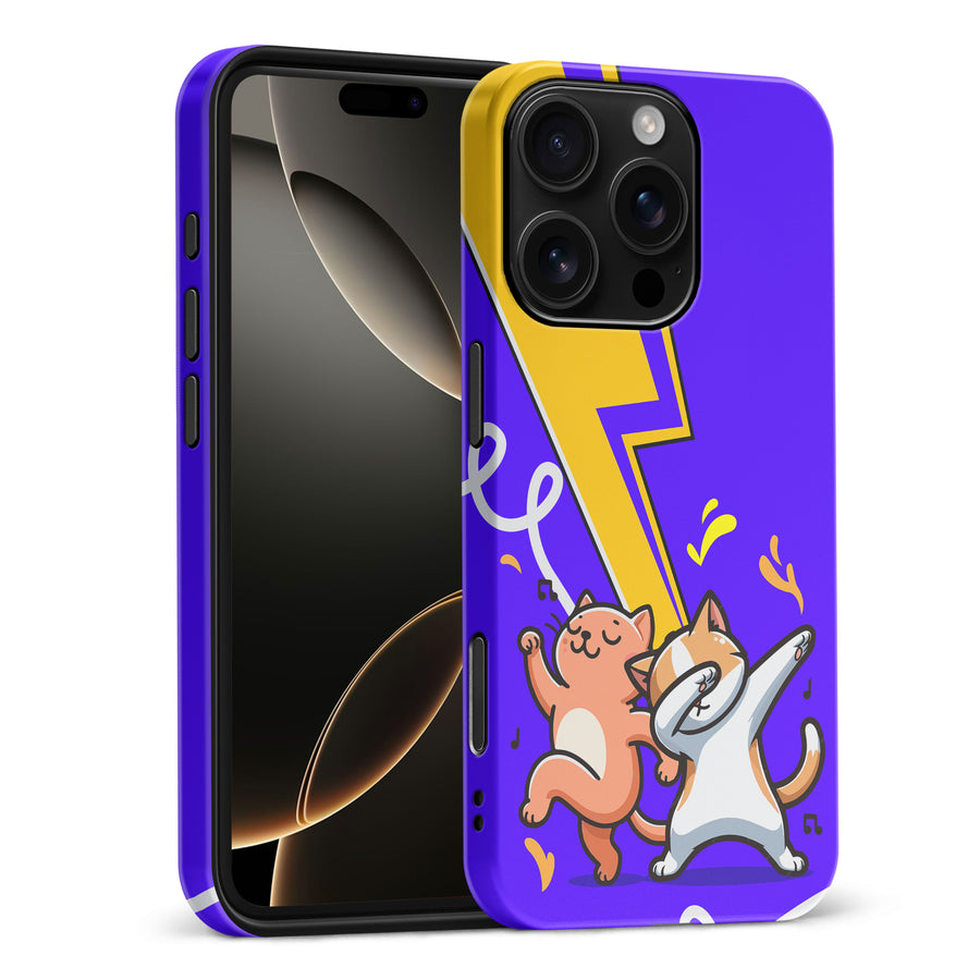 iPhone 16 Pro Max Dabbing Cats on Purple with Lightning Bolt Cat Phone Case