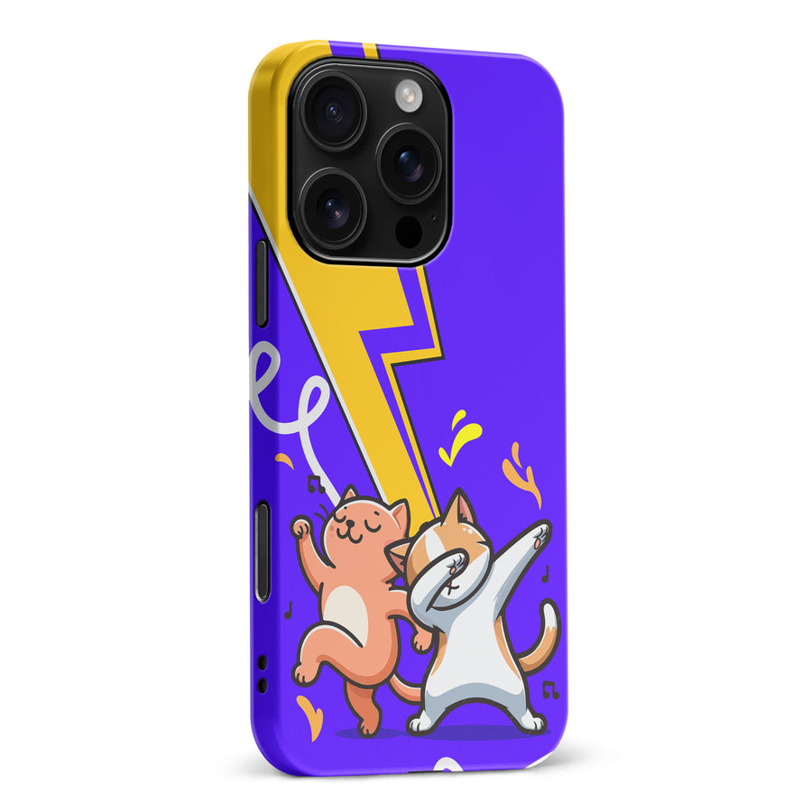 iPhone 16 Pro Max Dabbing Cats on Purple with Lightning Bolt Cat Phone Case