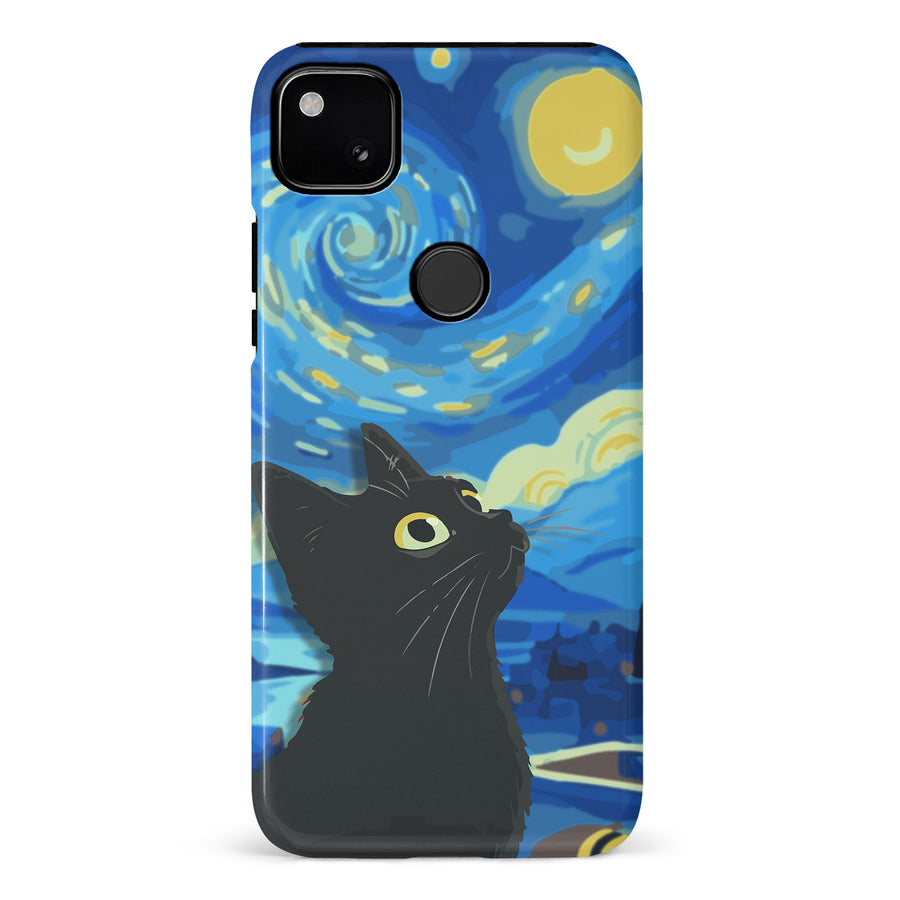 Google Pixel 4A Starry Night with Black Cat Artistic Design Cat Phone Case