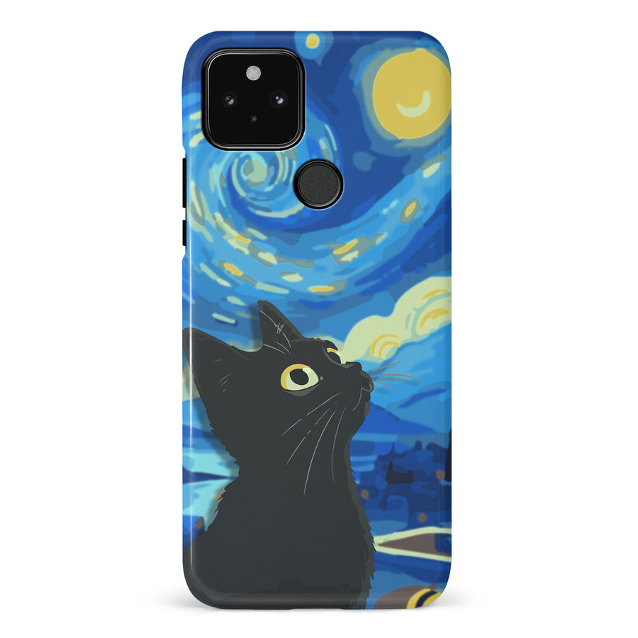 Google Pixel 5 Starry Night with Black Cat Artistic Design Cat Phone Case