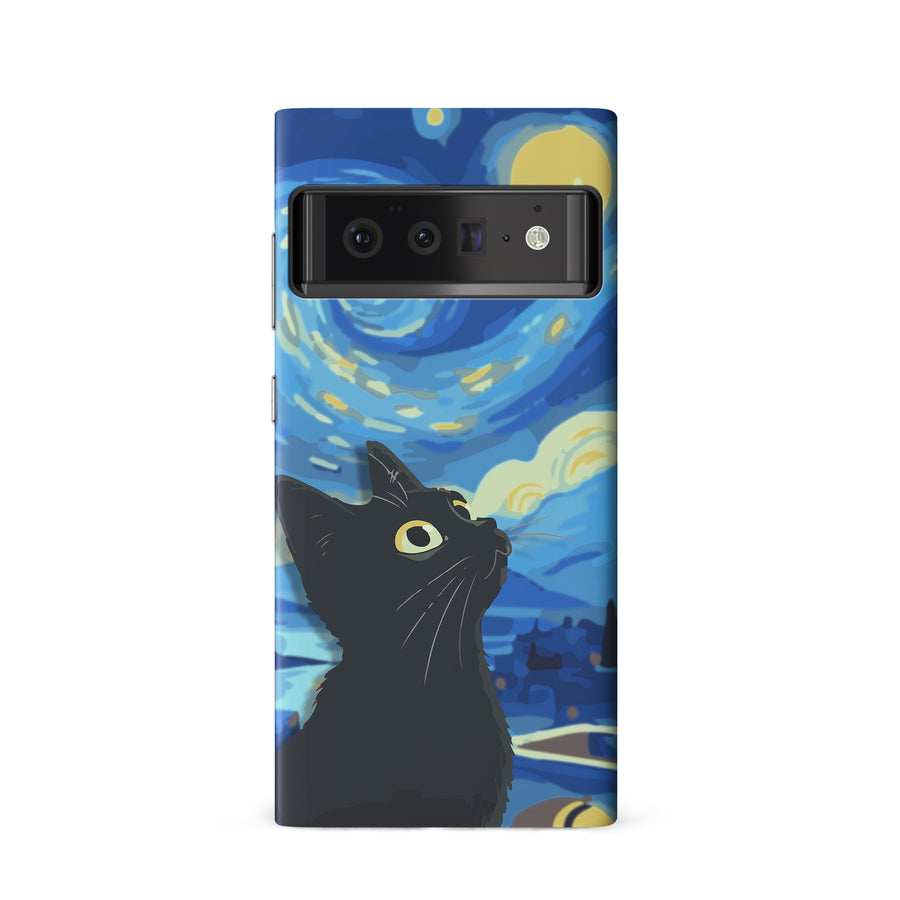 Google Pixel 6 Starry Night with Black Cat Artistic Design Cat Phone Case