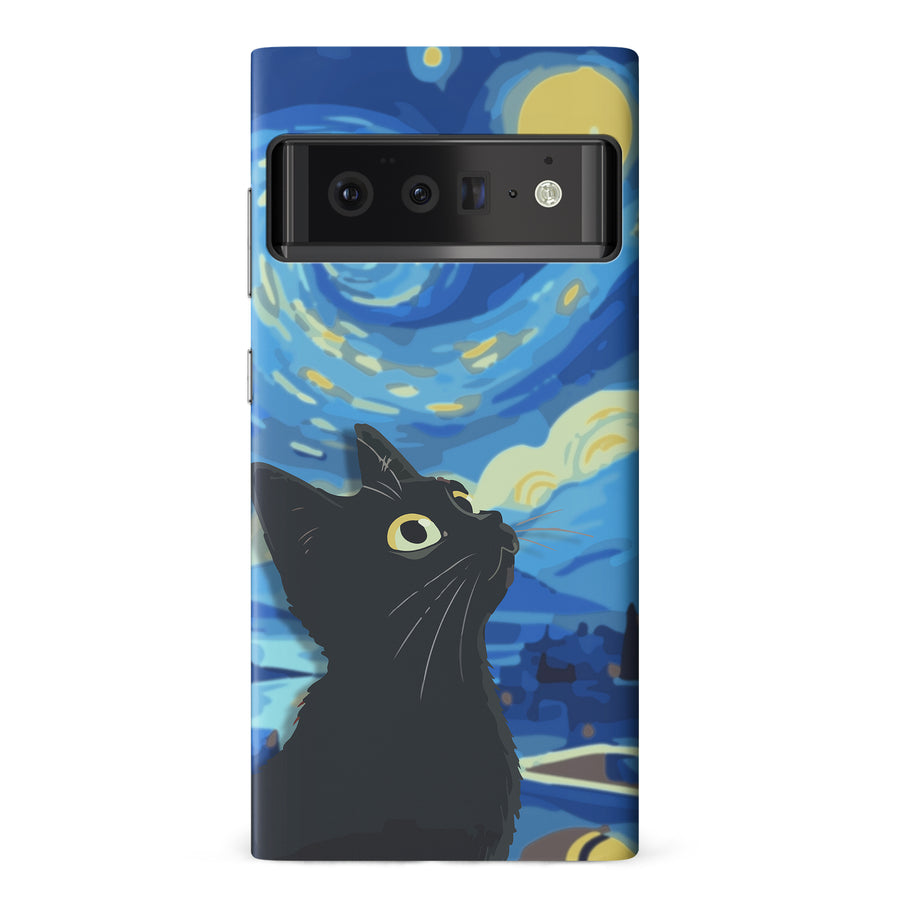 Google Pixel 6 Pro Starry Night with Black Cat Artistic Design Cat Phone Case