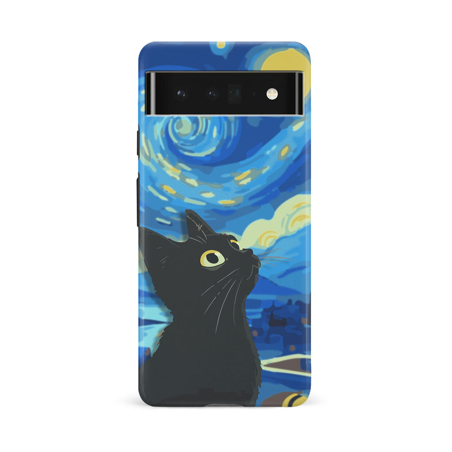 Google Pixel 6A Starry Night with Black Cat Artistic Design Cat Phone Case