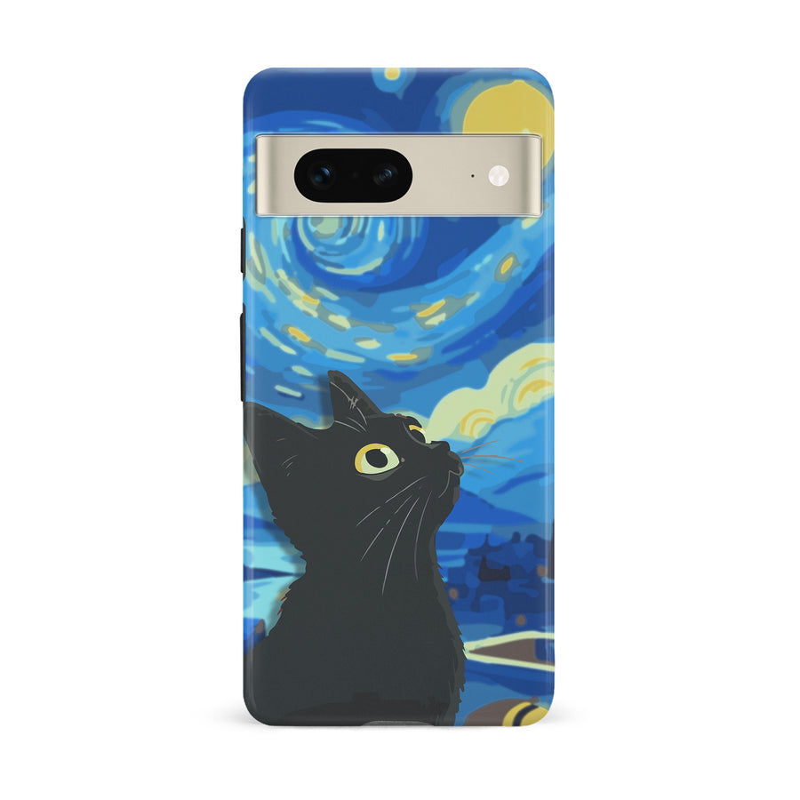 Google Pixel 7 Starry Night with Black Cat Artistic Design Cat Phone Case