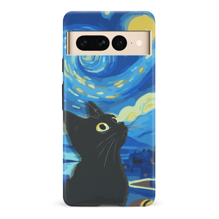 Google Pixel 7 Pro Starry Night with Black Cat Artistic Design Cat Phone Case