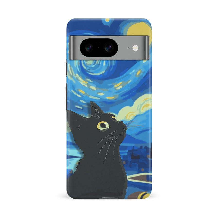 Google Pixel 8 Starry Night with Black Cat Artistic Design Cat Phone Case