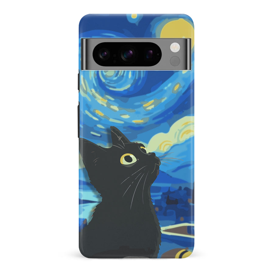 Google Pixel 8 Pro Starry Night with Black Cat Artistic Design Cat Phone Case