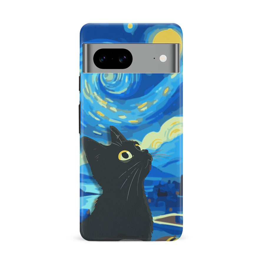 Google Pixel 8A Starry Night with Black Cat Artistic Design Cat Phone Case