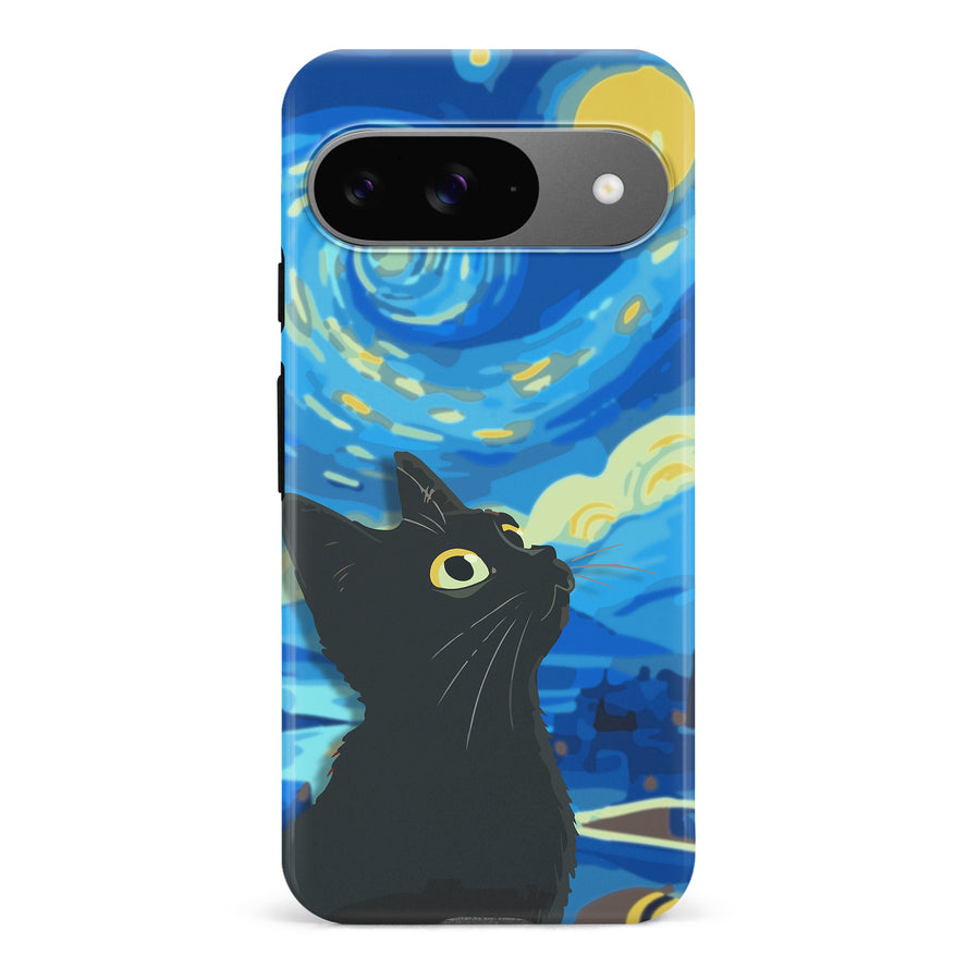 Google Pixel 9 Starry Night with Black Cat Artistic Design Cat Phone Case