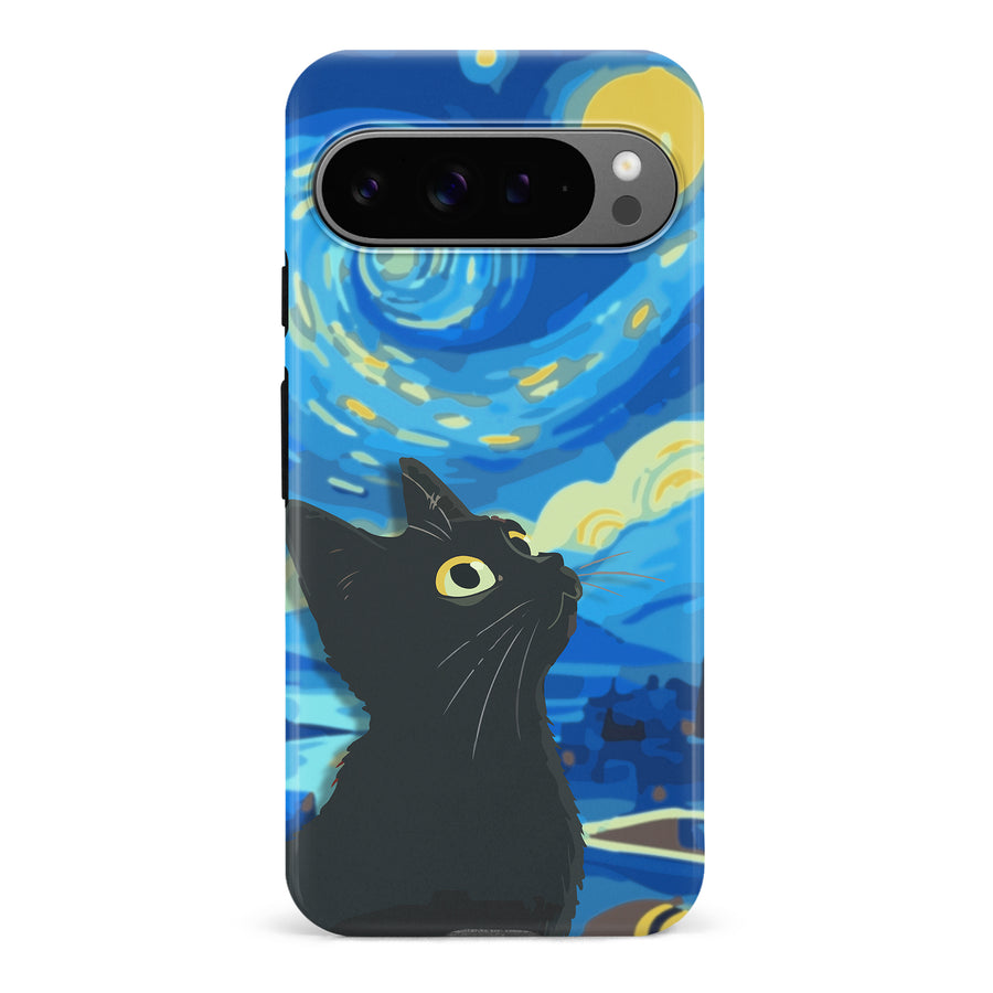 Google Pixel 9 Pro Starry Night with Black Cat Artistic Design Cat Phone Case