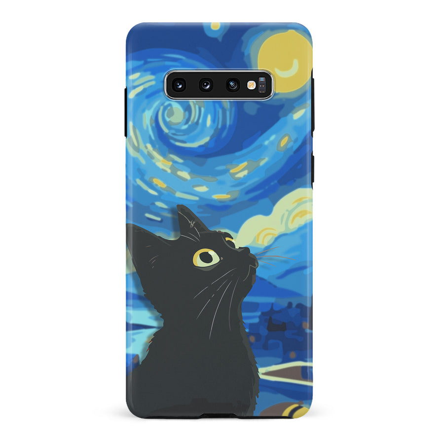 Samsung Galaxy S10 Starry Night with Black Cat Artistic Design Cat Phone Case