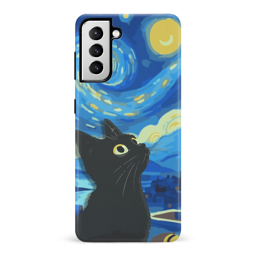 Samsung Galaxy S21 Starry Night with Black Cat Artistic Design Cat Phone Case