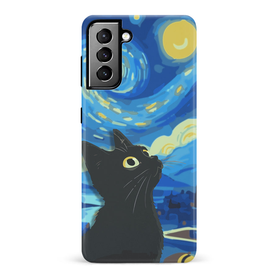 Samsung Galaxy S21 Plus Starry Night with Black Cat Artistic Design Cat Phone Case