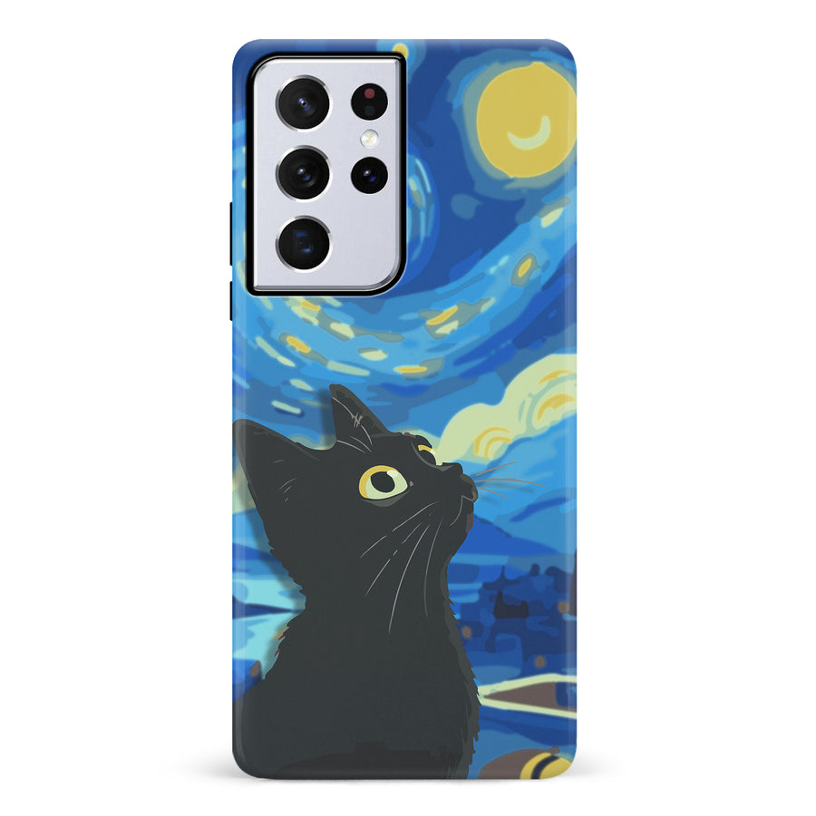 Samsung Galaxy S21 Ultra Starry Night with Black Cat Artistic Design Cat Phone Case