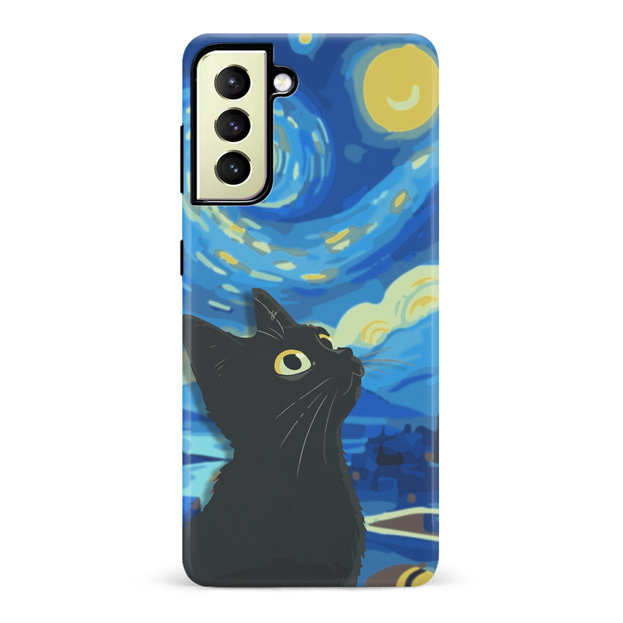 Samsung Galaxy S22 Plus Starry Night with Black Cat Artistic Design Cat Phone Case