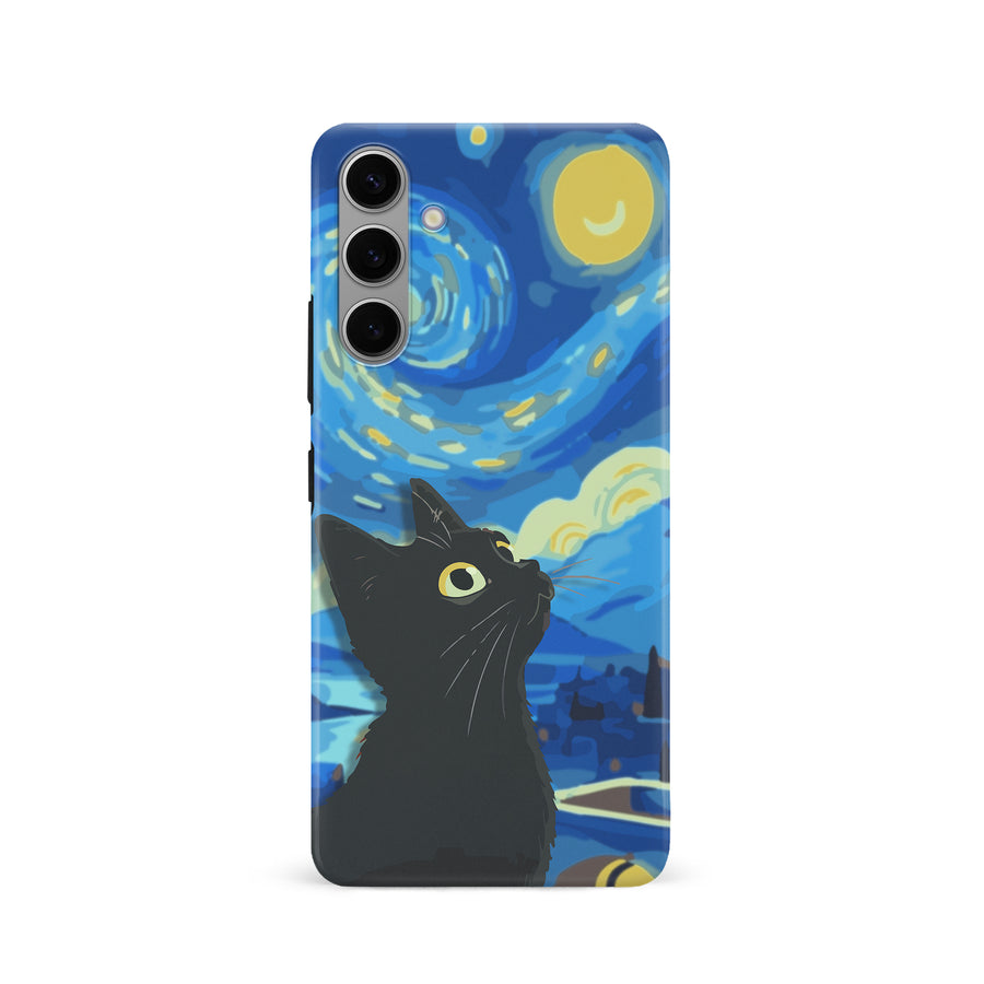 Samsung Galaxy S24 Starry Night with Black Cat Artistic Design Cat Phone Case