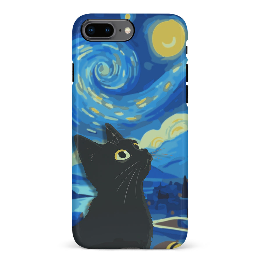 iPhone 8 Plus Starry Night with Black Cat Artistic Design Cat Phone Case