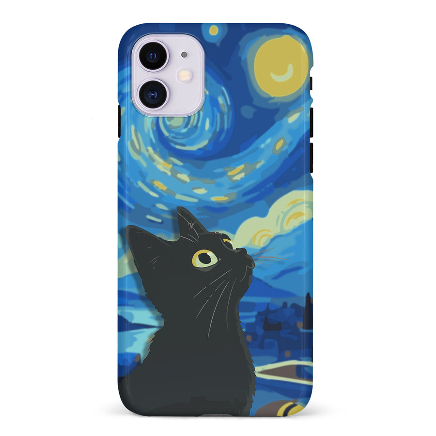 iPhone 11 Starry Night with Black Cat Artistic Design Cat Phone Case