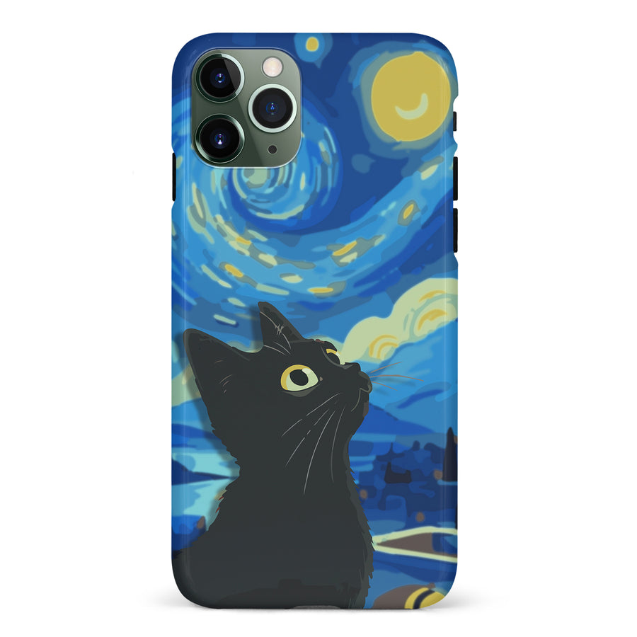 iPhone 11 Pro Starry Night with Black Cat Artistic Design Cat Phone Case