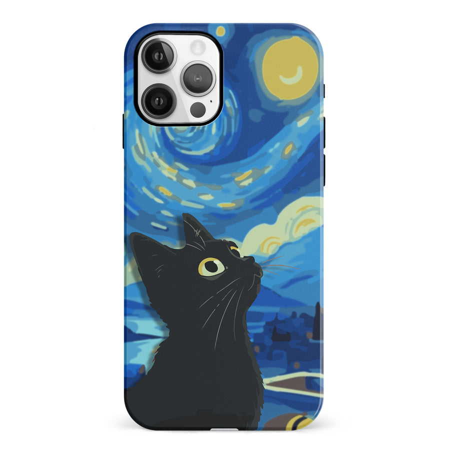 iPhone 12 Starry Night with Black Cat Artistic Design Cat Phone Case