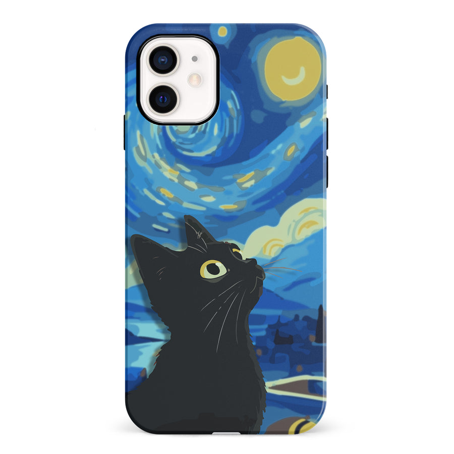 iPhone 12 Mini Starry Night with Black Cat Artistic Design Cat Phone Case