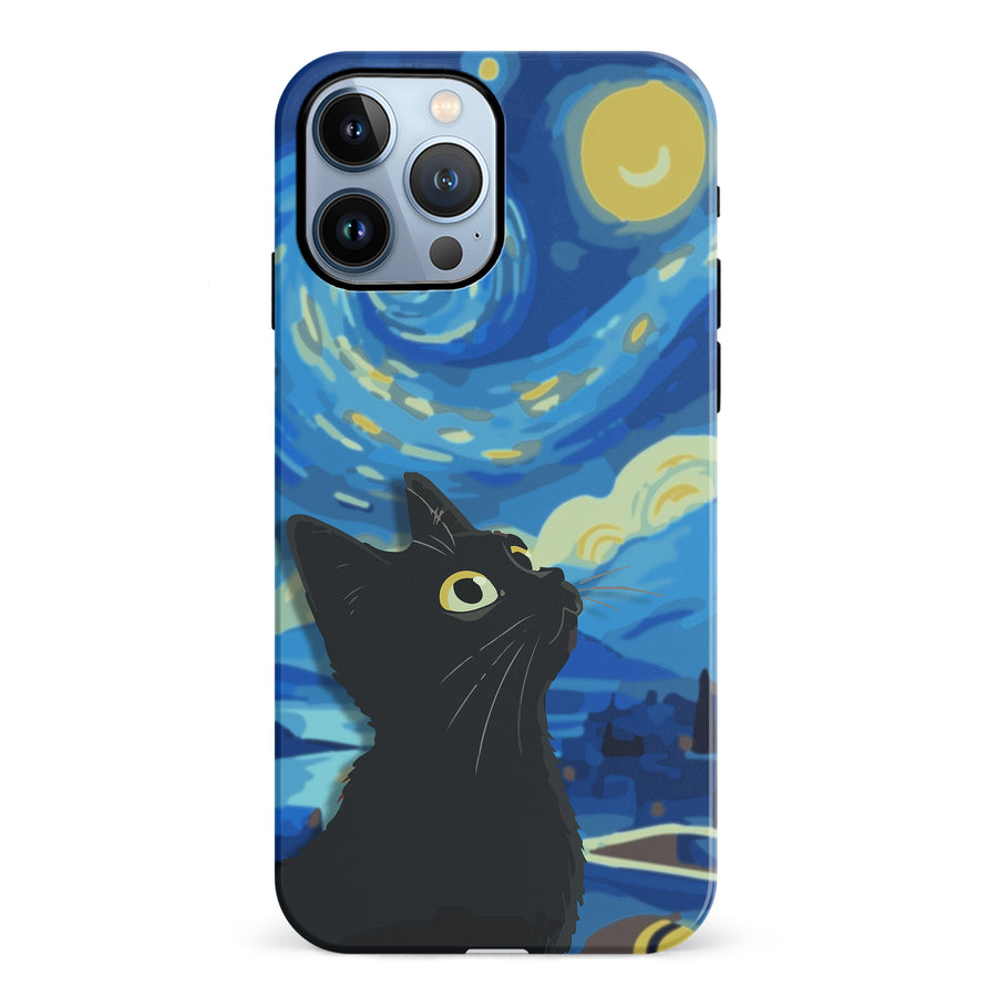 iPhone 12 Pro Starry Night with Black Cat Artistic Design Cat Phone Case