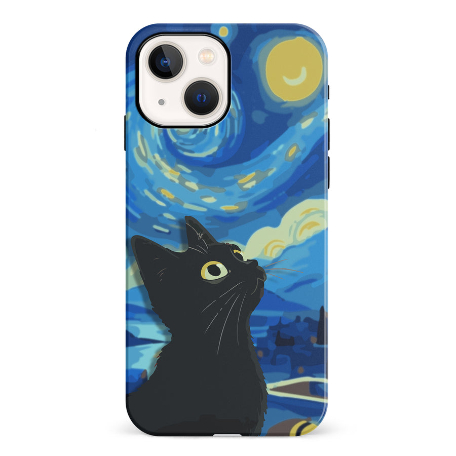 iPhone 13 Starry Night with Black Cat Artistic Design Cat Phone Case