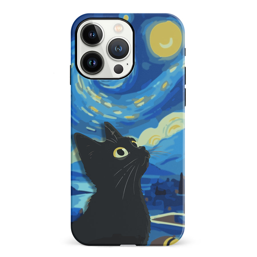 iPhone 13 Pro Starry Night with Black Cat Artistic Design Cat Phone Case