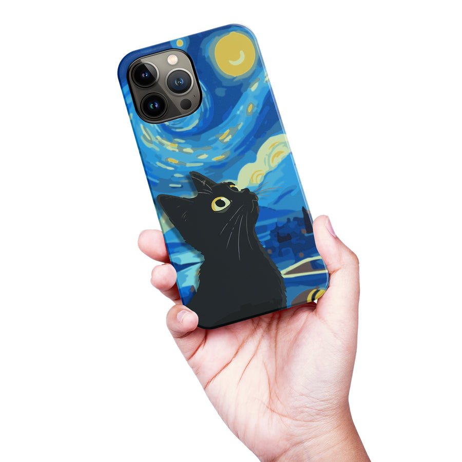 iPhone 13 Pro Max Starry Night with Black Cat Artistic Design Cat Phone Case