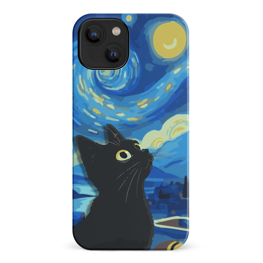 iPhone 14 Starry Night with Black Cat Artistic Design Cat Phone Case