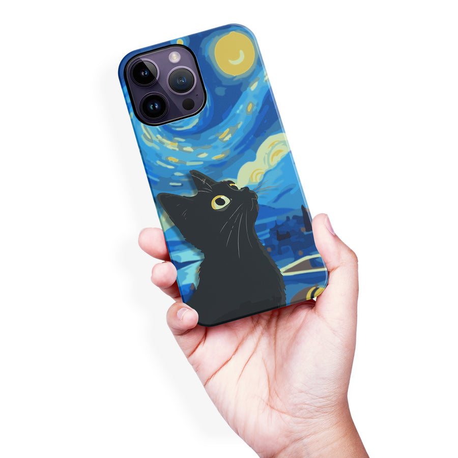 iPhone 14 Pro Max Starry Night with Black Cat Artistic Design Cat Phone Case