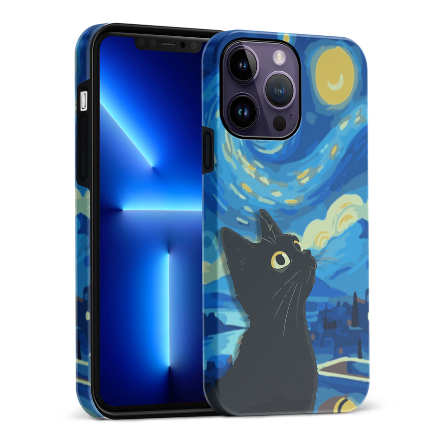 iPhone 14 Pro Max Starry Night with Black Cat Artistic Design Cat Phone Case