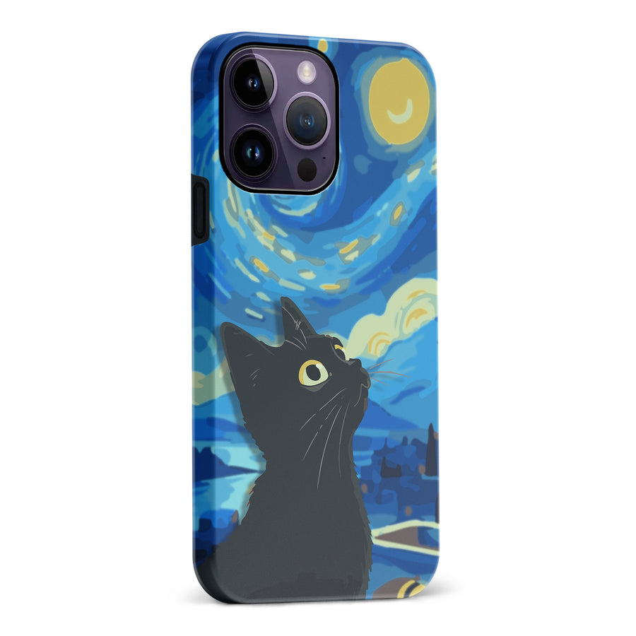 iPhone 14 Pro Max Starry Night with Black Cat Artistic Design Cat Phone Case